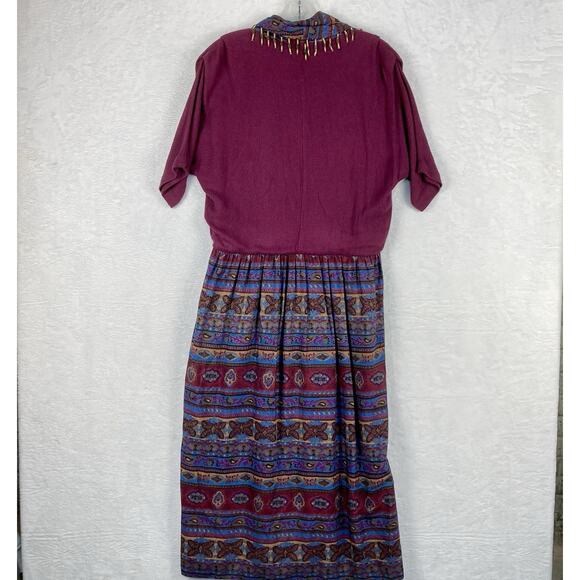 Stuart Allen 10 Artsy Dress Beaded 80s Purple Blue Retro Gypsy Boho Made In USA - Picture 7 of 10